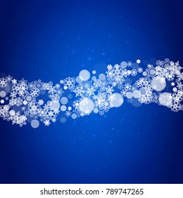 Christmas background with white snowflakes and sparkles. Winter sales, New Year and Christmas background for party invitation, banner, gift cards, retail offers. Falling snow. Frosty winter backdrop.