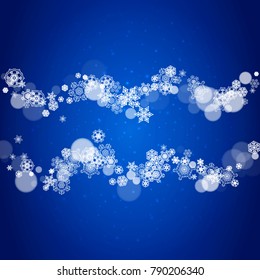 Christmas background with white snowflakes and sparkles. Winter sales, New Year and Christmas background for party invitation, banner, gift cards, retail offers. Falling snow. Frosty winter backdrop.