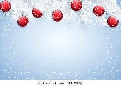 Christmas background with white snowy spruce fir tree and red glass balls. Top view. Winter Holiday xmas mockup and backdrop. Vector Illustration.