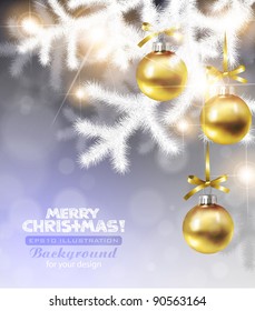 Christmas background with white christmas tree branches with golden decoration. EPS10