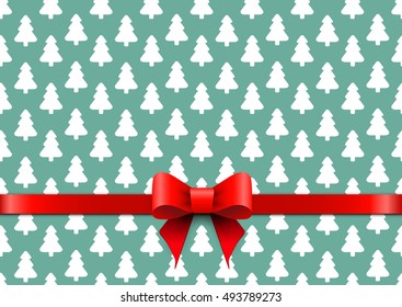 Christmas background with white christmas tree and red bow.