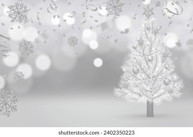 Christmas background with white Christmas tree and snowflakes. Vector illustration.