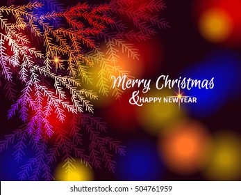 Christmas background with white twig Christmas tree on defocused background and bokeh effect. Greeting card template.Vector illustration.