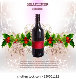 Christmas background with wine and holly