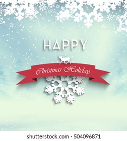 Christmas Background. Winter Day, Forest, Snow, Snowflakes, Ribbon, Deer And Wishes.