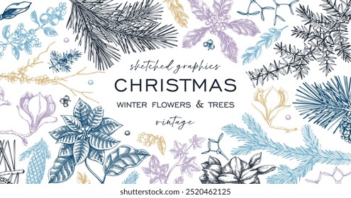 Christmas background. Winter flower frame design. Conifer tree sketches. Hand-drawn vector illustration. NOT AI generated