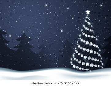 Árbol de diamantes del bosque de invierno de fondo navideño. Cae nieve, nevadas. Postcard Feliz Año Nuevo. vector