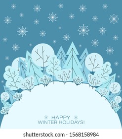 Christmas background. Winter forest. Fairy tale winter landscape.  Snow in winter forest, pine trees and snowflakes on semicircle of the earth. There is a place for text. Greeting card template.