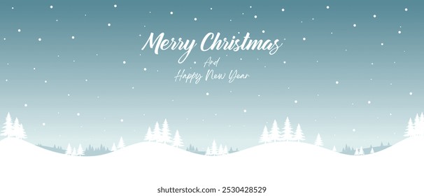 Christmas background, winter forest landscape. With text Merry Christmas and Happy New Year, for greeting card, New Year banner with snowy trees, snow, stars, snowy forest.