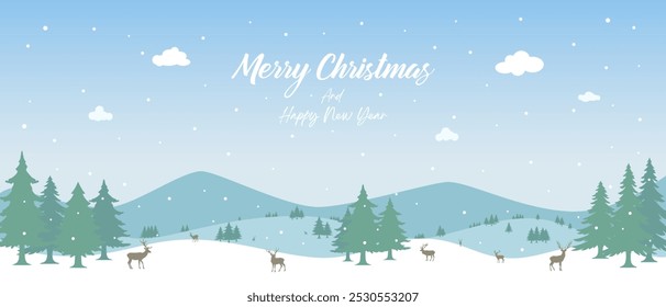 Christmas background, winter forest landscape. With text Merry Christmas and Happy New Year, for greeting cards, New Year banner with fir trees in the snow, snowy forest and reindeer.