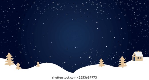 Christmas background, winter forest landscape with space for text. For greeting card, New Year banner with snowy trees, snow, house. Vector illustration.