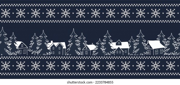 Christmas background. Winter holiday pattern. Seamless border. White silhouettes of houses and fir trees on dark blue knitted background. Vector illustration