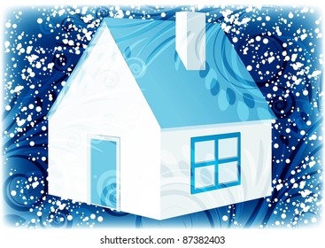christmas background with winter house and snowflakes