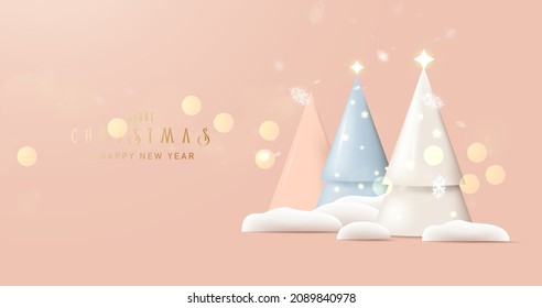 Christmas background. Winter landscape and 3d cute Christmas tree with falling snowflakes. Xmas background. Banner, posters, cards, headers, website