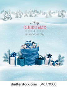 Christmas background with a winter landscape and blue sack full of presents. Vector.