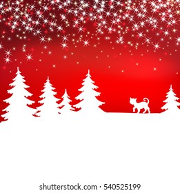 Christmas background. Winter landscape with cat. White fairy forest