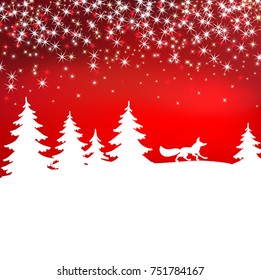 Christmas background. Winter landscape with fox. White fairy forest