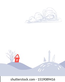 Christmas background, winter landscape illustration with tiny red house and bank of snow, spruces and naked trees