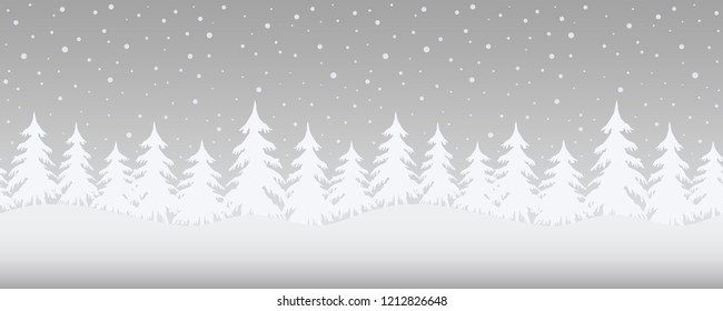 Christmas Background. Winter Landscape. Seamless Border. There Are White Fir Trees On A Gray Background. Vector Illustration