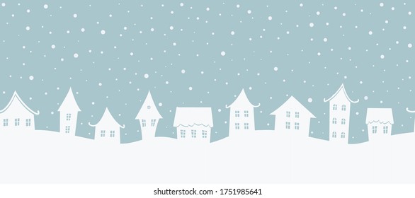 Christmas background. Winter landscape. Seamless border. There are white houses on a gray blue background. Vector illustration