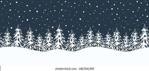 Christmas background. Winter landscape. Seamless border. There are fir trees on a dark blue background. Vector illustration.