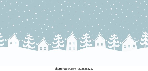 Christmas background. Winter landscape. Seamless border. There are white houses and fir trees on a gray-blue background. Winter village. Vector illustration