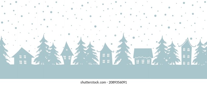 Christmas background. Winter landscape. Seamless border. There are gray blue houses and fir trees on a white background. Vector illustration