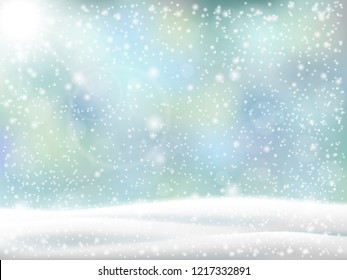 Christmas background. Winter landscape with snowdrift and falling snow. Vector backdrop for card.