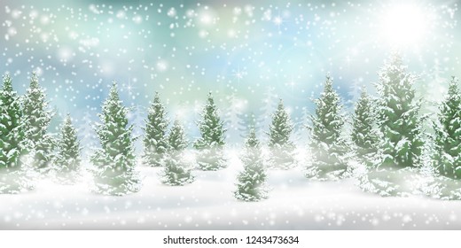 Christmas background. Winter landscape with snowdrift and falling snow. Coniferous forest. Vector backdrop for card.