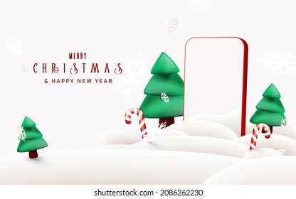 Christmas background. Winter landscape and snowflakes, Christmas tree with mockup smartphone. Xmas background. Banner, posters, cards, headers, website