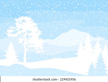 Christmas background, winter landscape with trees blue and white silhouettes and snow. Vector