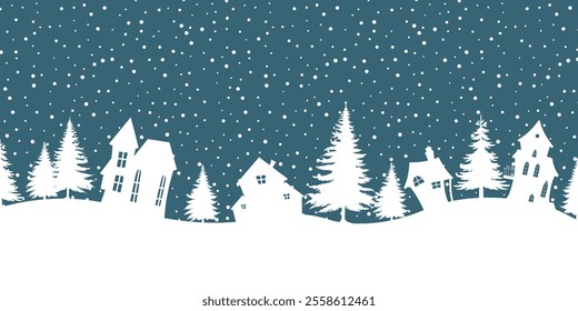 Christmas background. Winter landscape. White houses and firs on a dark blue background. Vector illustration