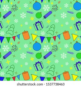 Christmas background, winter new year doodles on a green background, seamless pattern