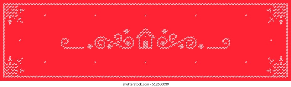 Christmas background. Winter scene hand knitted design. Ornamental background. House and swirls. Decorative frame. Xmas decoration, fabric, textile, winter clothing decor. Nordic motif. Vector