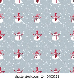 Navidades de fondo. Patrón sin costuras de invierno con muñecos de nieve lindos, abetos y copos de nieve. Ilustración vectorial sobre fondo gris