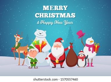 Christmas background. Winter season cute cartoon characters deer santa and snowman friends fun together vector