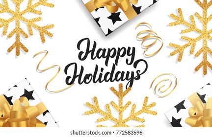 Christmas. Background for winter seasonal holidays. Gold glitter snowflakes, gift boxes and Lettering Happy Holidays