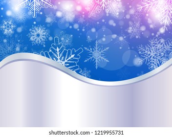 Christmas background, winter snowing silver blue with magical lights, vector illustration.