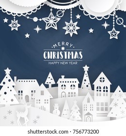 Christmas Background With Winter Town Landscape And Decorations. Paper Art Style