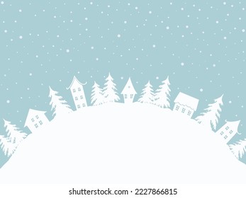 Christmas background. Winter village. Fairy tale winter landscape. There are white houses and fir trees on light blue background in the image. There is a place for your text. Vector illustration