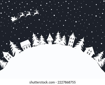 Christmas background. Winter village. Fairy tale winter landscape. There are white houses and fir trees on dark blue background. Santa Claus is riding across the sky on deer. Vector illustration