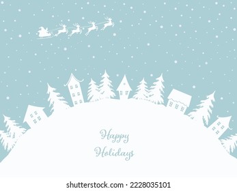 Christmas background. Winter village. Fairy tale winter landscape. White houses and fir trees on light blue background. Santa Claus is riding across the sky on deer. Vector illustration