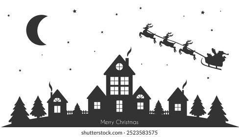 Christmas background with winter village, Santa in a reindeer sleigh in the sky. Black drawings on a white background. Merry Christmas and Happy New Year. Vector