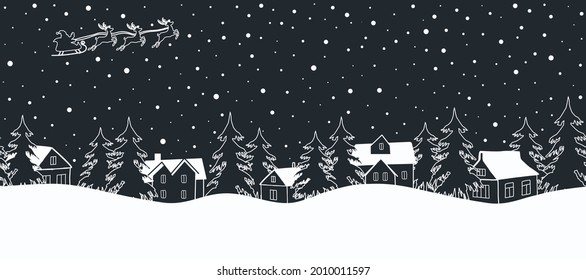 Christmas background. Winter village. Seamless border. Fairy tale winter landscape. Santa Claus is riding across the sky on deers. There are white houses and fir trees on a dark blue background.Vector