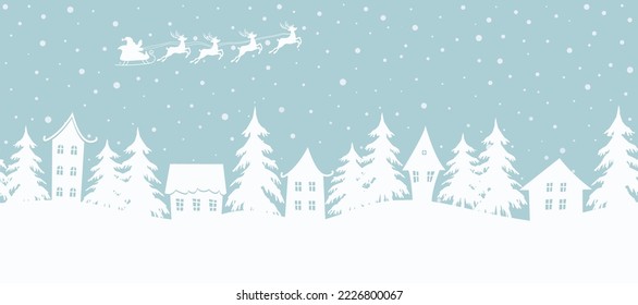 Christmas background. Winter village. Seamless border. Fairy tale winter landscape. Santa Claus is riding across the sky on deers. There are white houses and fir trees on light blue background. Vector