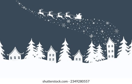 Christmas background. Winter village. Seamless border. Fairy tale winter landscape. Santa Claus is riding across the sky on deer with plume. White houses, fir trees on dark blue background. Vector 