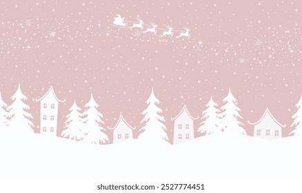 Christmas Background. Winter Village. Seamless border. Fairy Tale Winter Landscape. Santa Claus is Riding Across the Sky on Deer. White Houses, Fir Trees on Pink Background. Vector illustration