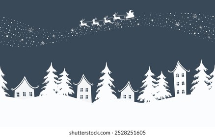 Christmas Background. Winter Village. Seamless Border. Fairy Tale Winter Landscape. Santa Claus is Riding Across the Sky on Deer with Plume. White Houses, Fir trees on Dark Blue Background. Vector