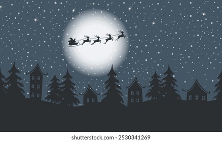 Christmas Background. Winter Village. Seamless Border. Fairy Tale Winter Landscape. Santa Claus is Riding Across the Sky on Deer against Moon. Black Houses, Fir trees on Dark Blue Background. Vector