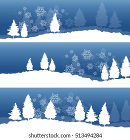Christmas background with winter white snowy fir trees and falling snowflakes vector